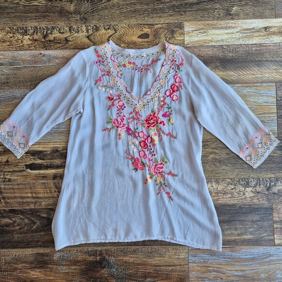 Johnny Was Floral Embroidered Semi Sheer Chiffon Tunic Blouse 3/4 Sleeve - Picture 8 of 14